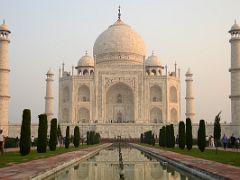 
Agra Taj Mahal Close Up Reflected In Second Pool At Sunrise
